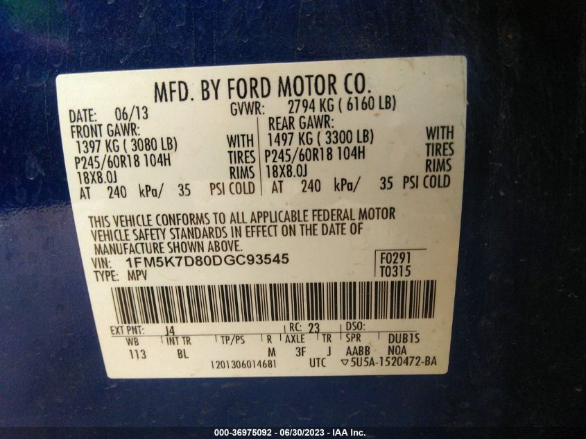 2013 FORD EXPLORER XLT - 1FM5K7D80DGC93545