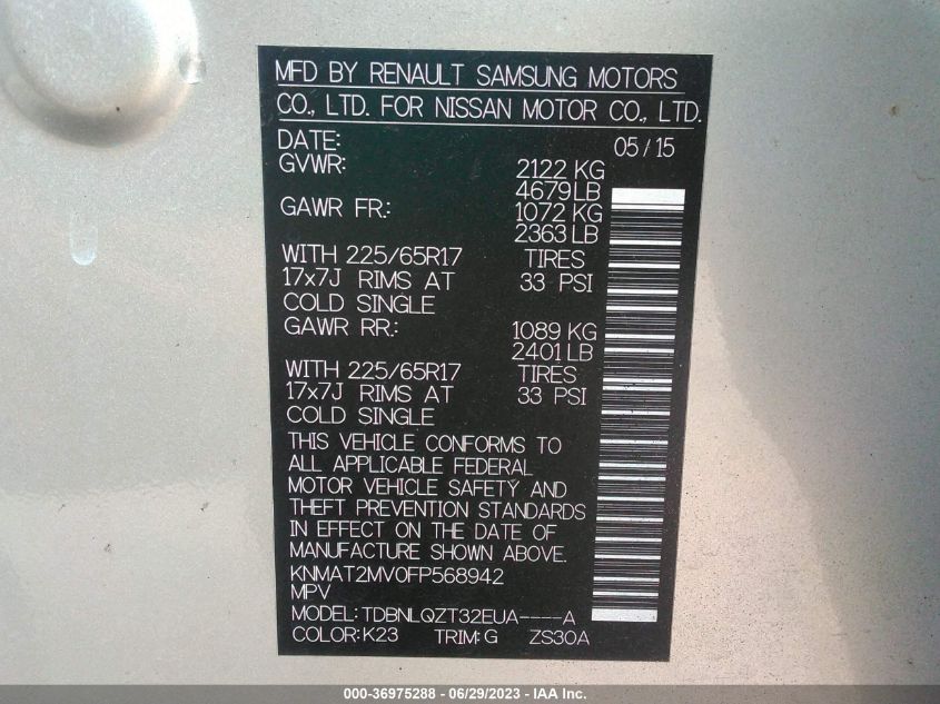 2015 NISSAN ROGUE SV - KNMAT2MV0FP568942