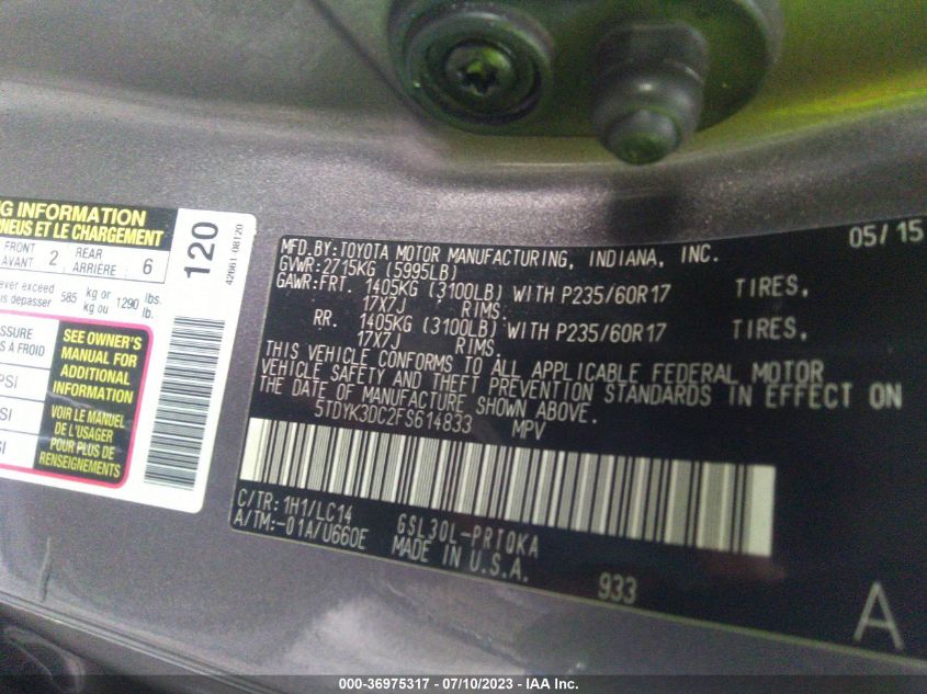 2015 TOYOTA SIENNA XLE/XLE AAS/LTD - 5TDYK3DC2FS614833