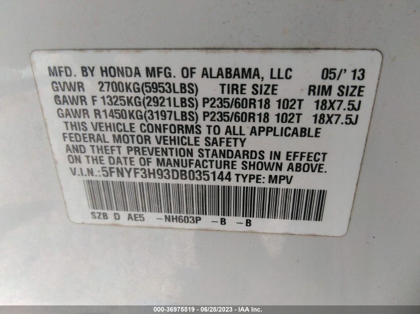 2013 HONDA PILOT TOURING - 5FNYF3H93DB035144