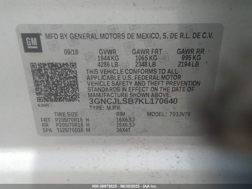 2019 CHEVROLET TRAX LT - 3GNCJLSB7KL170640