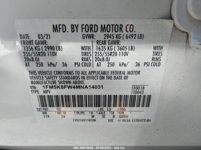 2021 FORD EXPLORER LIMITED - 1FM5K8FW4MNA14031