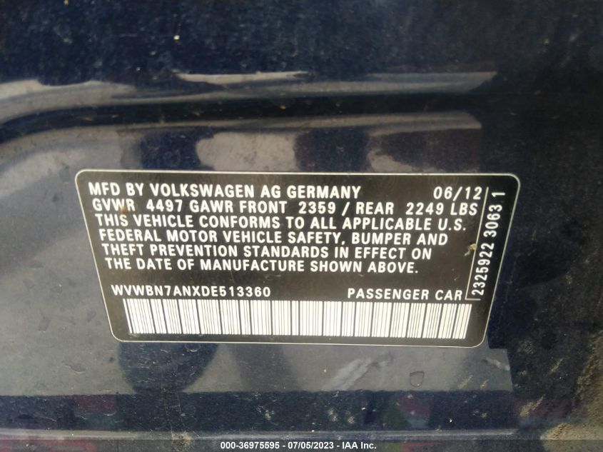 2013 VOLKSWAGEN CC SPORT PLUS - WVWBN7ANXDE513360