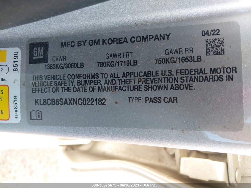 VIN KL8CB6SAXNC022182 2022 CHEVROLET SPARK LS