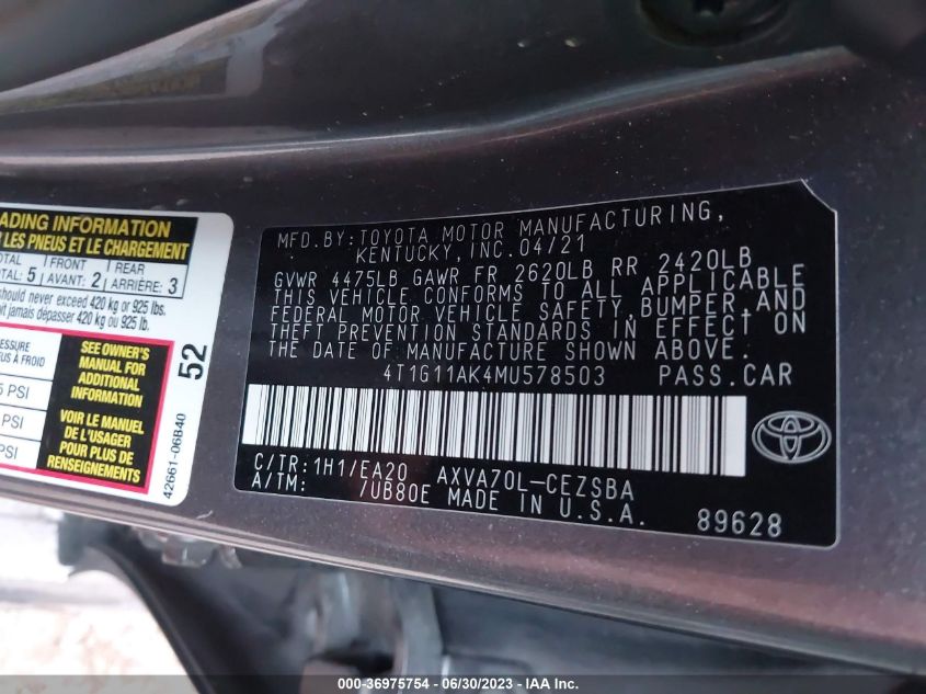 2021 TOYOTA CAMRY SE - 4T1G11AK4MU578503