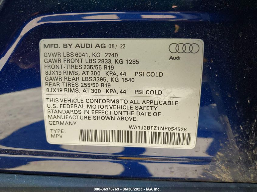 2022 AUDI Q4 E-TRON PRESTIGE WA1J2BFZ1NP054528