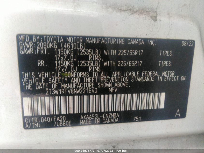 2022 TOYOTA RAV4 XLE/XLE PREMIUM - 2T3W1RFV8NW221640
