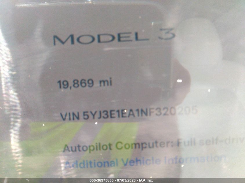 2022 TESLA MODEL 3 - 5YJ3E1EA1NF320295