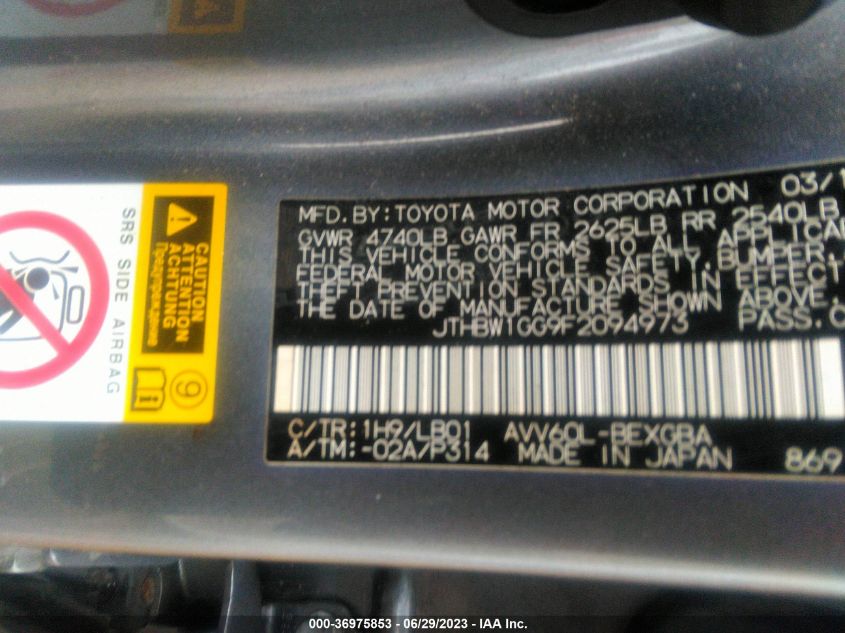 2015 LEXUS ES 300H HYBRID - JTHBW1GG9F2094973
