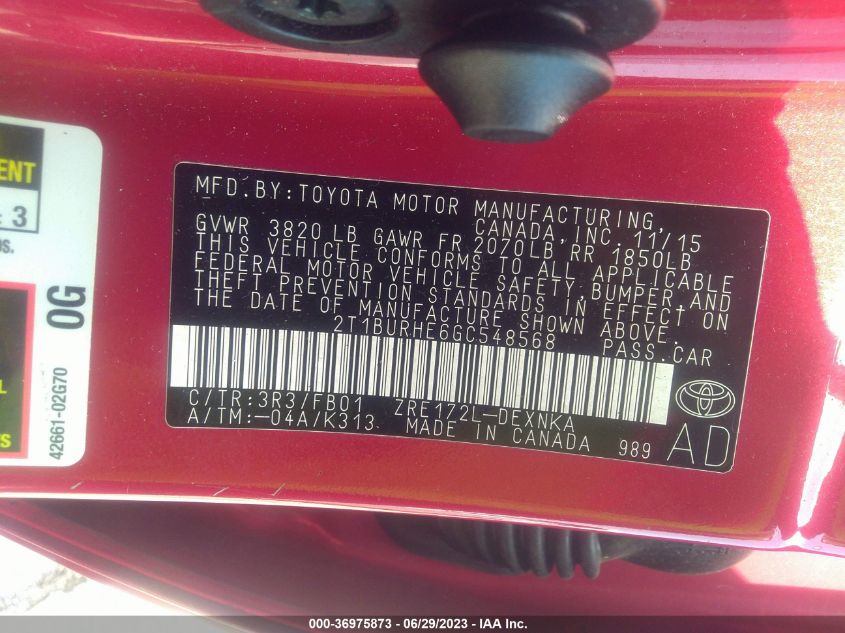 2016 TOYOTA COROLLA L/LE/S/S PLUS/LE PLUS - 2T1BURHE6GC548568