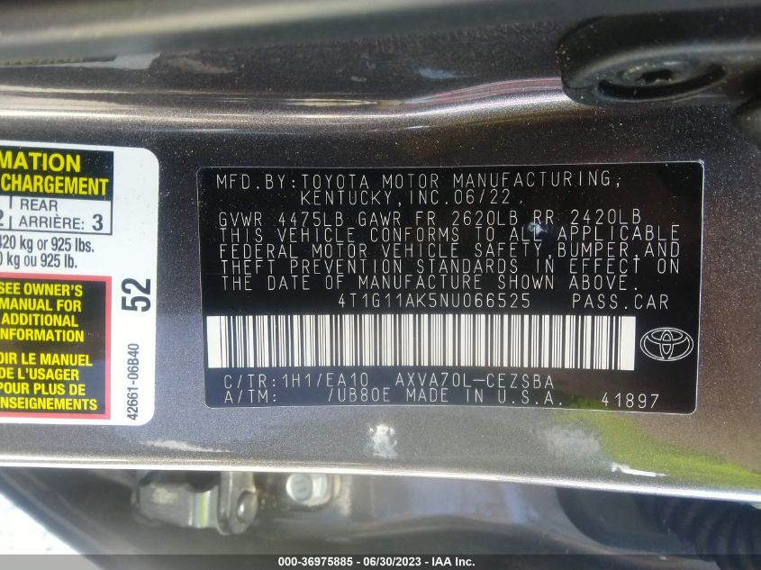 2022 TOYOTA CAMRY SE/SE NIGHT SHADE - 4T1G11AK5NU066525