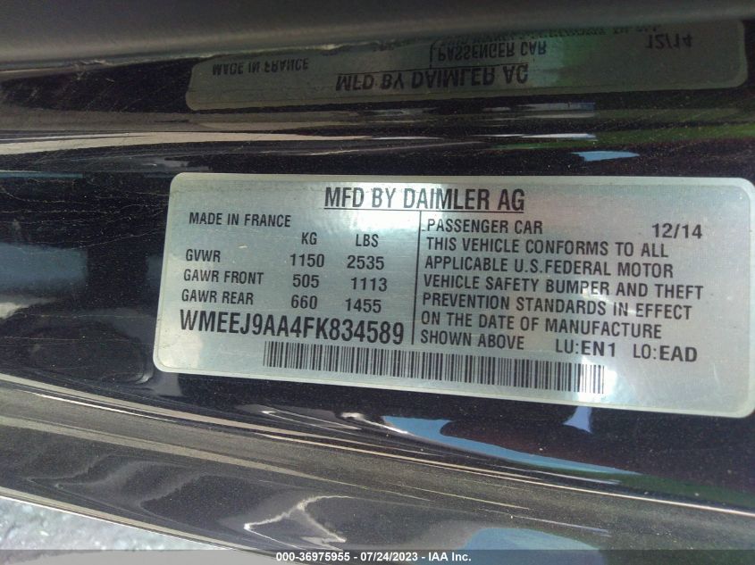 2015 SMART FORTWO ELECTRIC DRIVE PASSION - WMEEJ9AA4FK834589