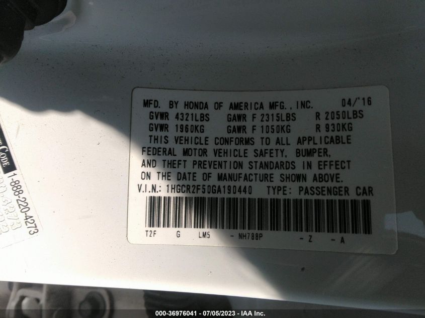 2016 HONDA ACCORD SEDAN SPORT - 1HGCR2F50GA190440