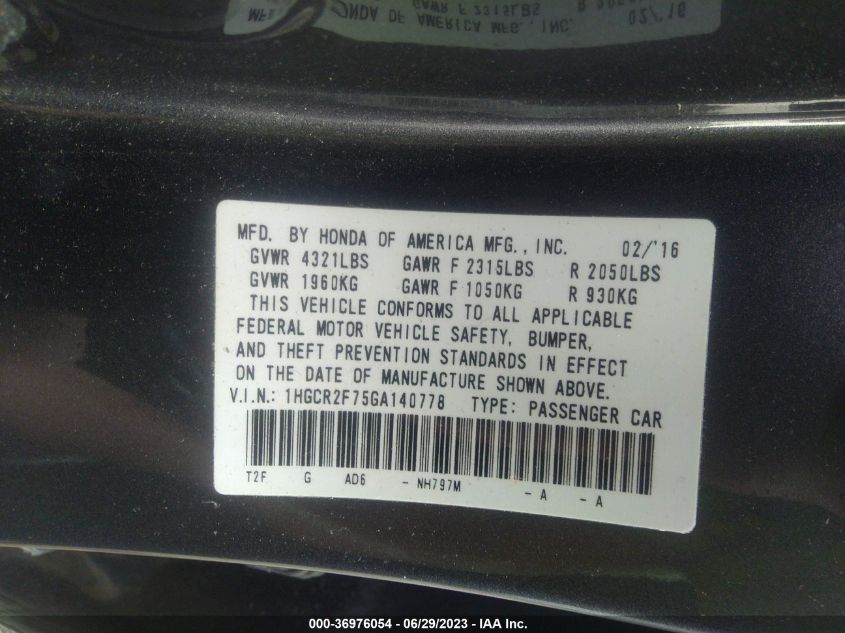 2016 HONDA ACCORD SEDAN EX - 1HGCR2F75GA140778