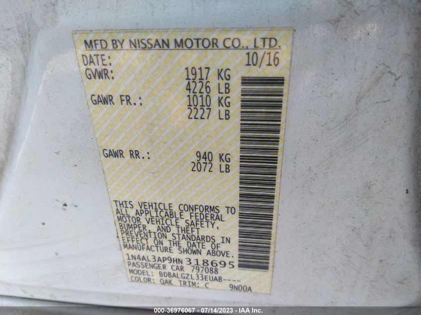 2017 NISSAN ALTIMA 2.5 S - 1N4AL3AP9HN318695