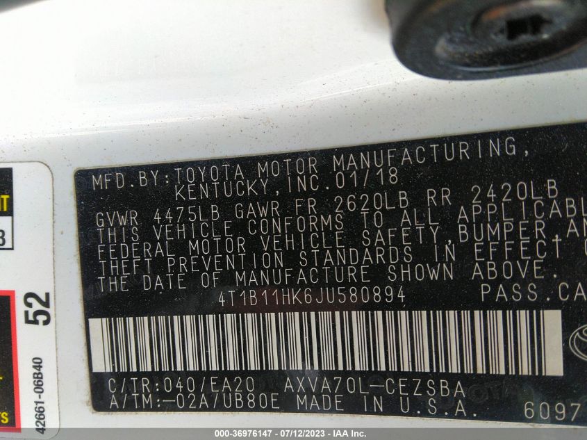 2018 TOYOTA CAMRY LE/SE/XLE/L - 4T1B11HK6JU580894