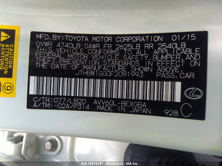 2015 LEXUS ES 300H HYBRID - JTHBW1GG0F2091993