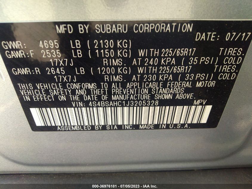 2018 SUBARU OUTBACK PREMIUM - 4S4BSAHC1J3205328