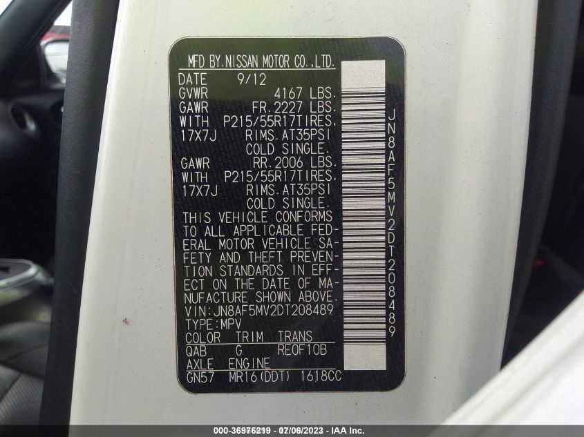 2013 NISSAN JUKE SL - JN8AF5MV2DT208489