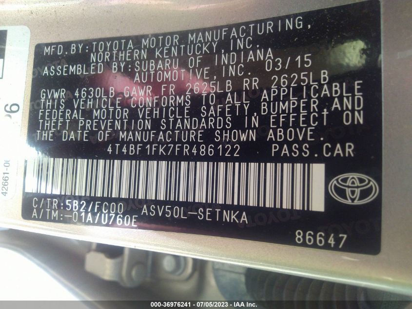 2015 TOYOTA CAMRY XLE/SE/LE/XSE - 4T4BF1FK7FR486122
