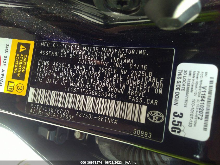 2016 TOYOTA CAMRY XLE/SE/LE/XSE - 4T4BF1FK3GR550464