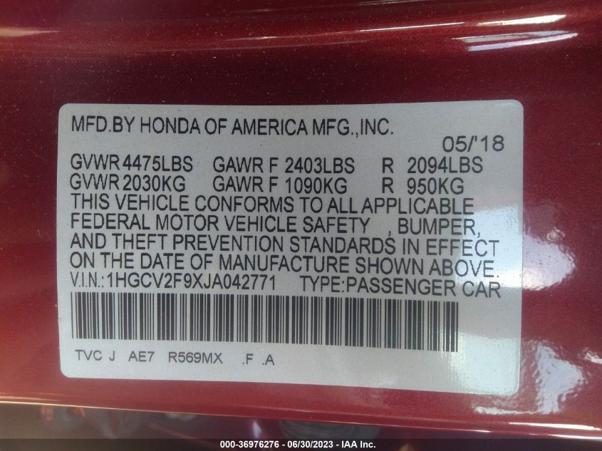 2018 HONDA ACCORD SEDAN TOURING 2.0T - 1HGCV2F9XJA042771