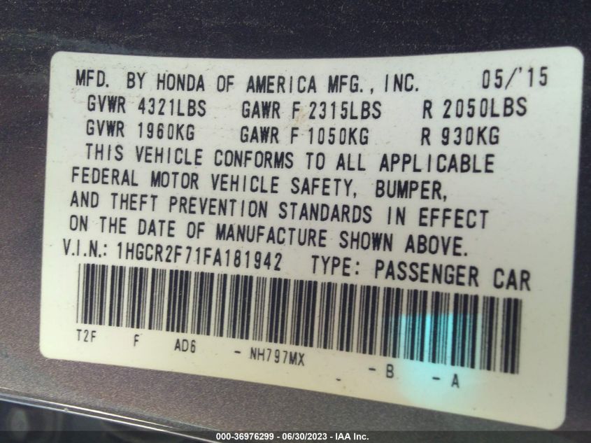 2015 HONDA ACCORD SEDAN EX - 1HGCR2F71FA181942