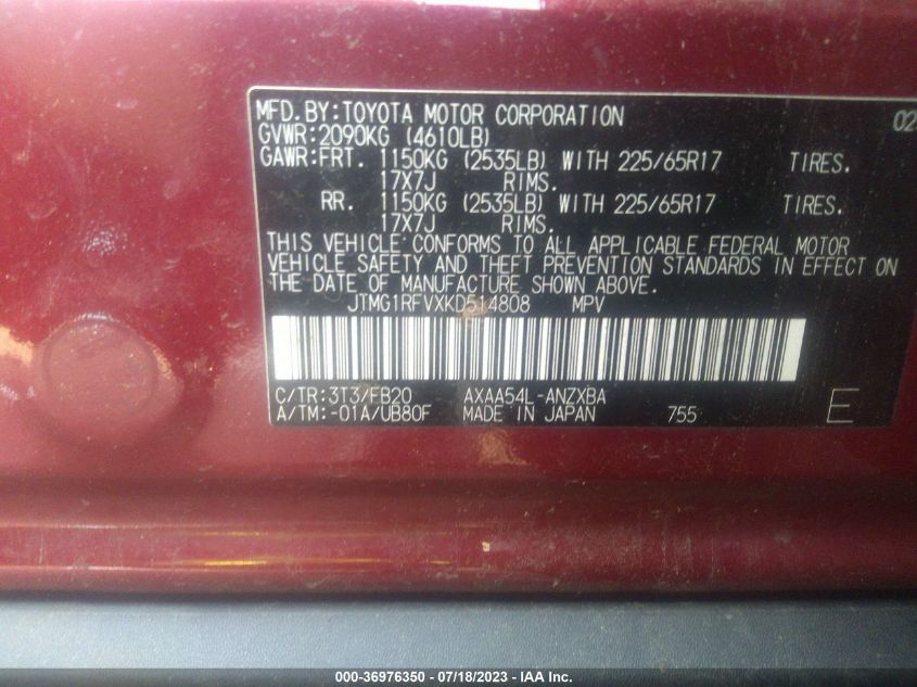 2019 TOYOTA RAV4 LE - JTMG1RFVXKD514808