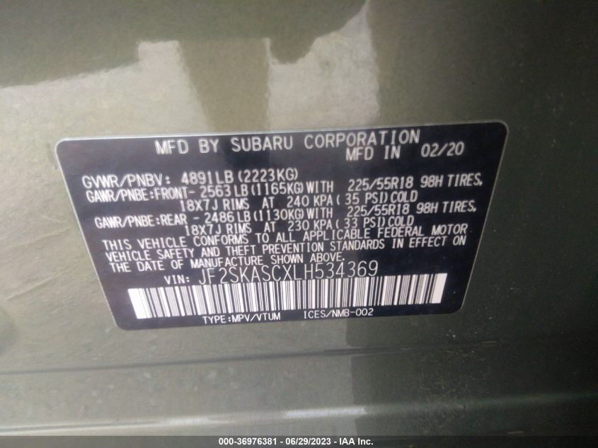 2020 SUBARU FORESTER LIMITED - JF2SKASCXLH534369