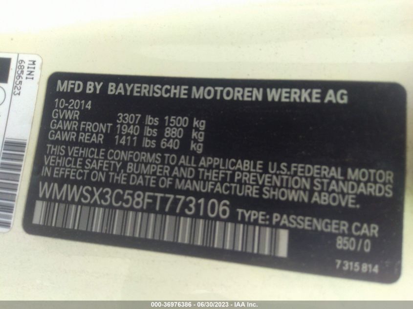 2015 MINI COOPER COUPE S WMWSX3C58FT773106