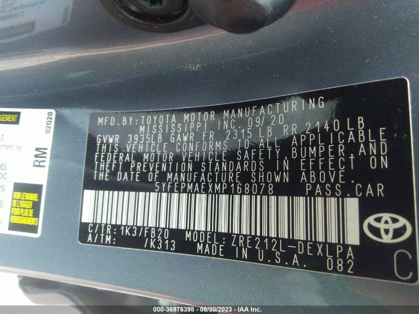 2021 TOYOTA COROLLA LE - 5YFEPMAEXMP168078