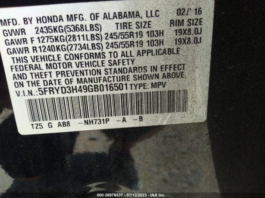 2016 ACURA MDX W/TECH/W/TECH - 5FRYD3H49GB016501
