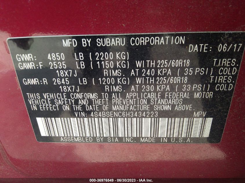 2017 SUBARU OUTBACK LIMITED - 4S4BSENC6H3434223
