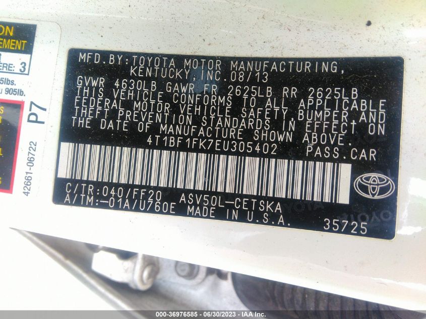 2014 TOYOTA CAMRY L/LE/XLE/SE/SE SPORT - 4T1BF1FK7EU305402