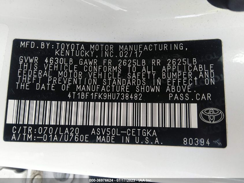 2017 TOYOTA CAMRY XLE - 4T1BF1FK9HU738482