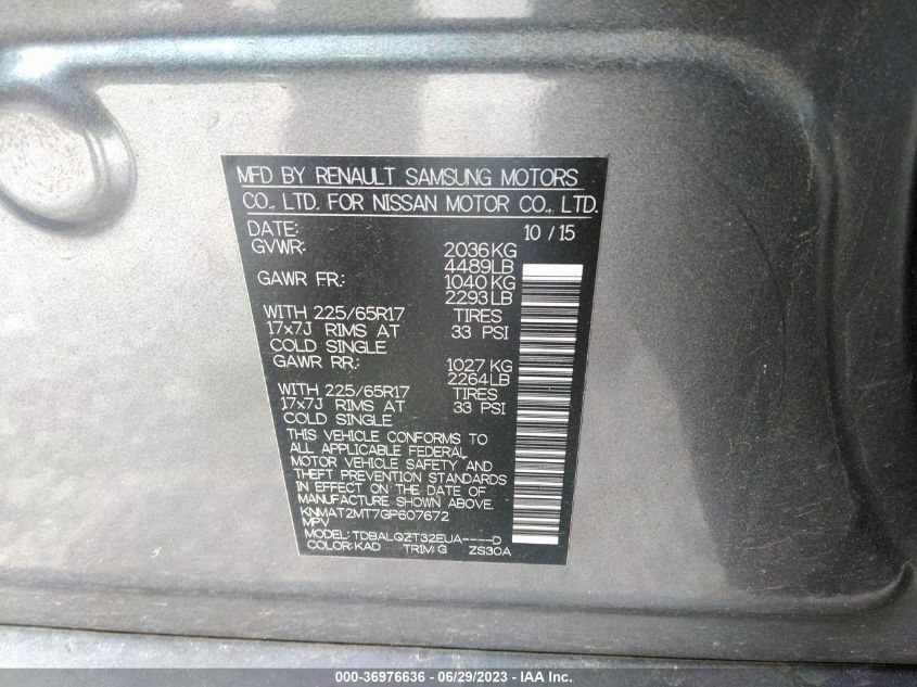 2016 NISSAN ROGUE SV - KNMAT2MT7GP607672