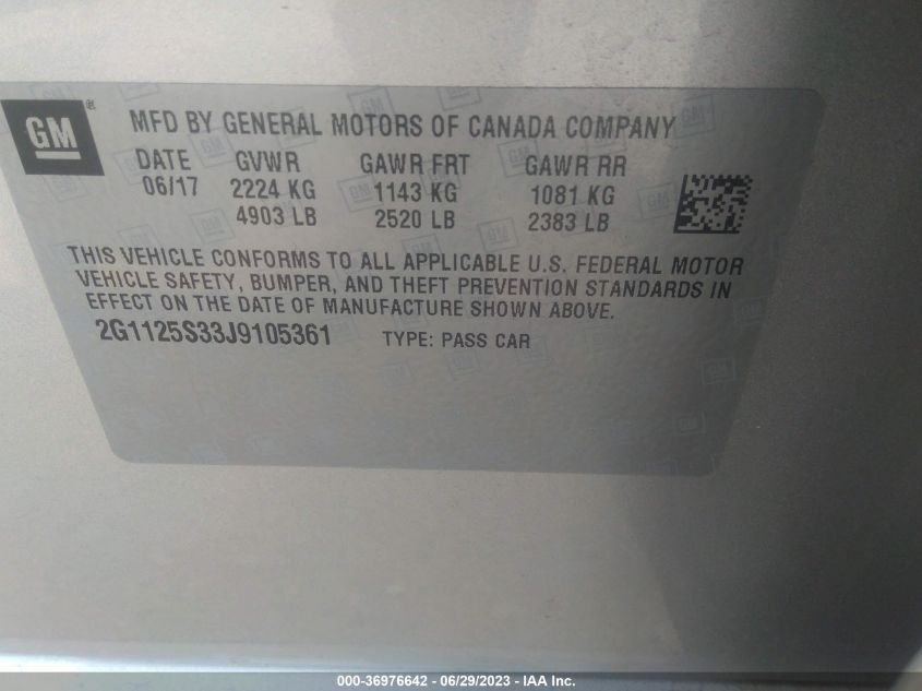 2018 CHEVROLET IMPALA PREMIER - 2G1125S33J9105361