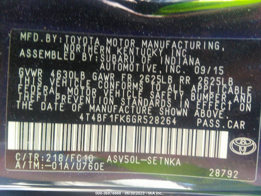 2016 TOYOTA CAMRY XLE/SE/LE/XSE - 4T4BF1FK6GR528264