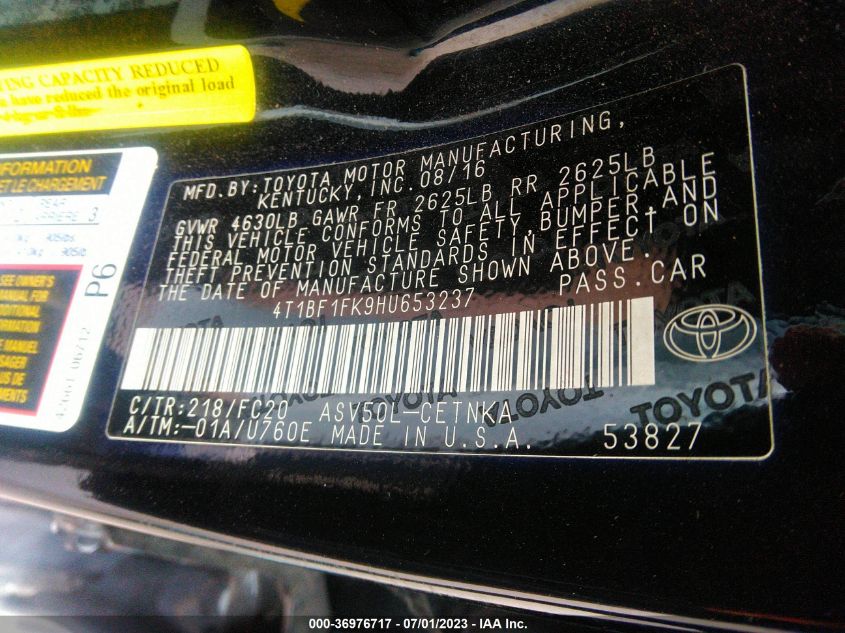 2017 TOYOTA CAMRY LE/XLE/SE/XSE - 4T1BF1FK9HU653237