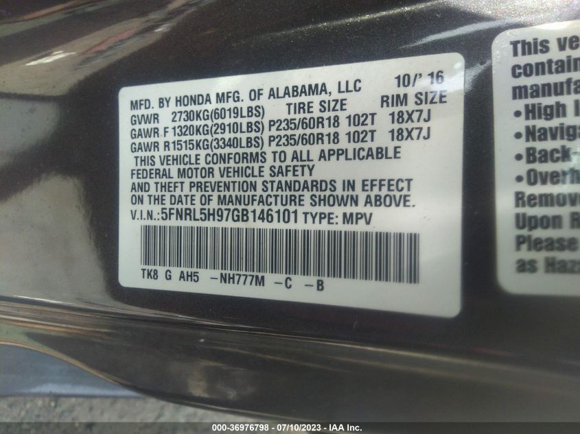 2016 HONDA ODYSSEY TOURING - 5FNRL5H97GB146101