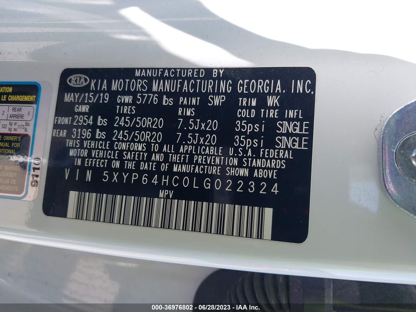VIN 5XYP64HC0LG022324 2020 KIA TELLURIDE S