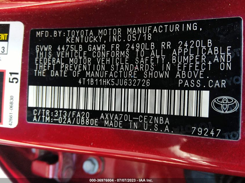 2018 TOYOTA CAMRY L/LE/XLE/SE/XSE - 4T1B11HK5JU632726