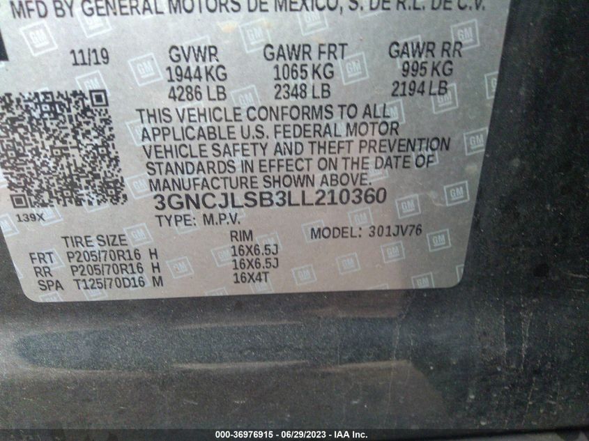 2020 CHEVROLET TRAX LT - 3GNCJLSB3LL210360