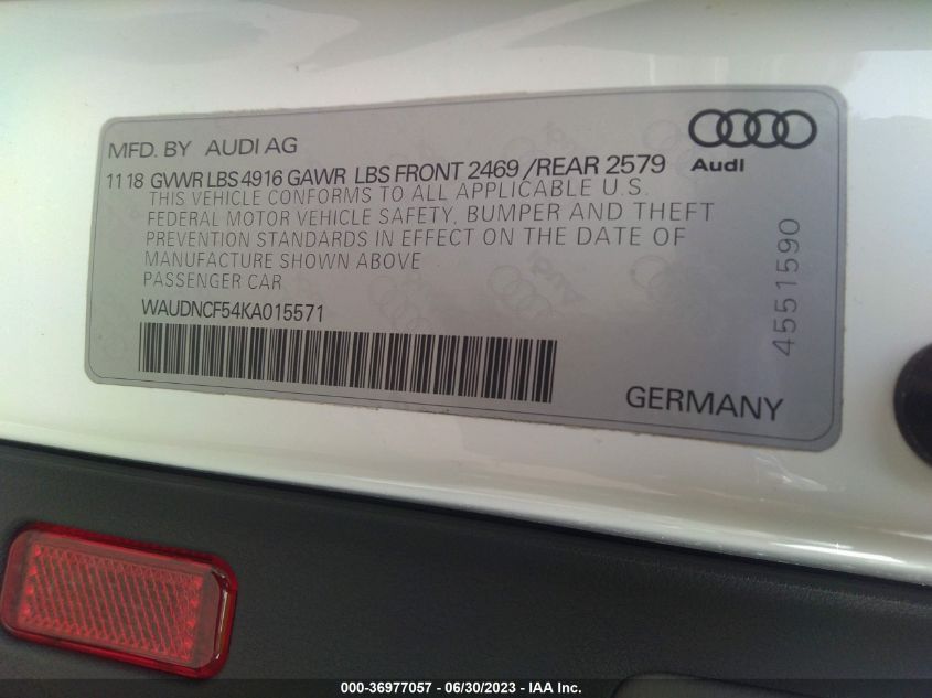 2019 AUDI A5 SPORTBACK PREMIUM - WAUDNCF54KA015571