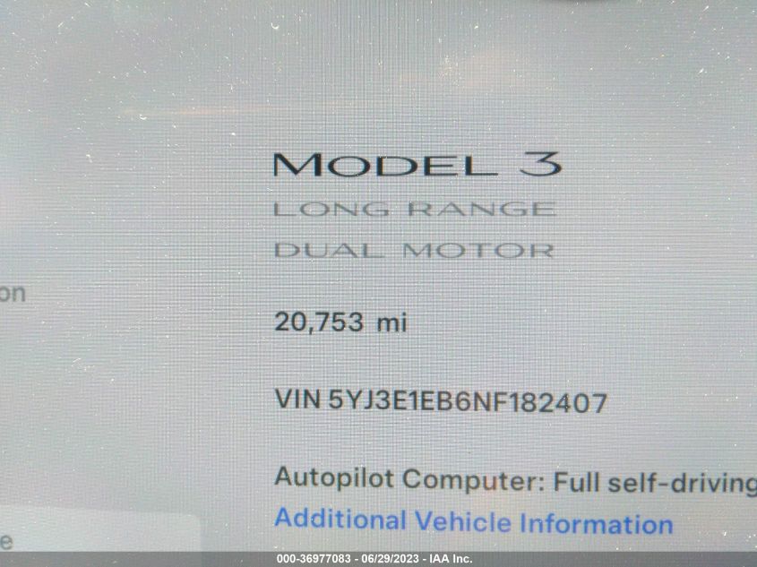 2022 TESLA MODEL 3 LONG RANGE - 5YJ3E1EB6NF182407