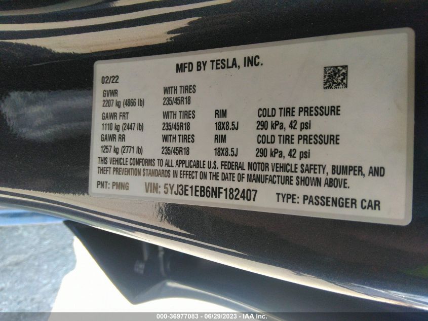 2022 TESLA MODEL 3 LONG RANGE - 5YJ3E1EB6NF182407