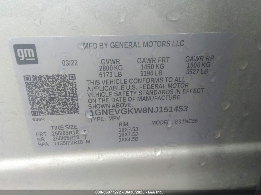 2022 CHEVROLET TRAVERSE LT CLOTH - 1GNEVGKW8NJ151453