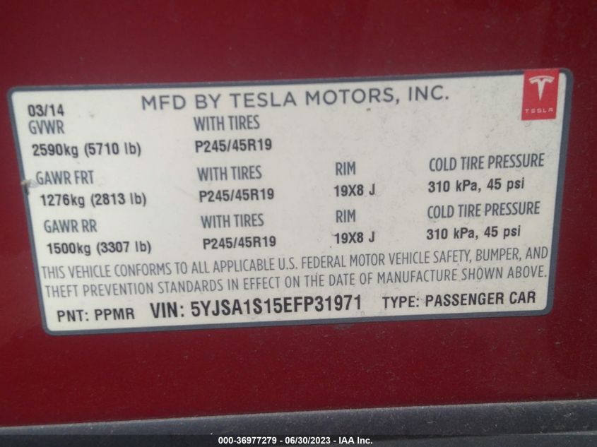 2014 TESLA MODEL S 60 KWH BATTERY - 5YJSA1S15EFP31971
