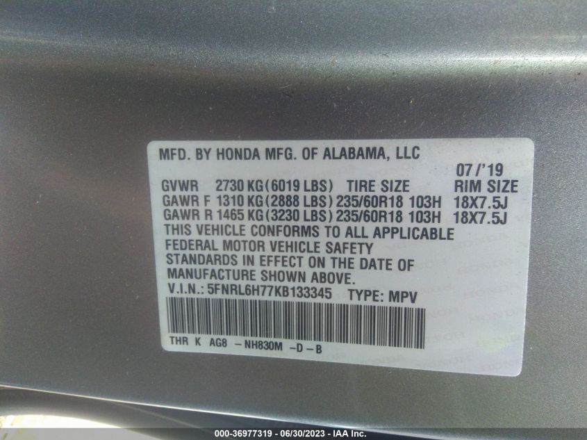 2019 HONDA ODYSSEY EX-L - 5FNRL6H77KB133345