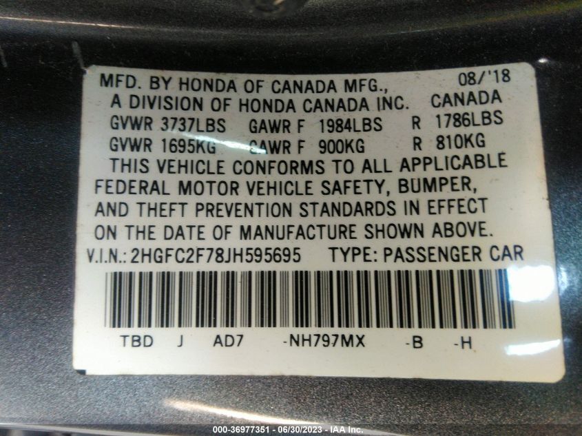 2018 HONDA CIVIC SEDAN EX - 2HGFC2F78JH595695